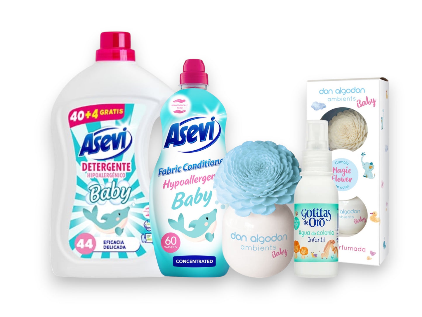 Spanish baby cleaning bundle with detergent, softener, diffuser and cologne spray – perfect for sensitive skin and baby-friendly homes.