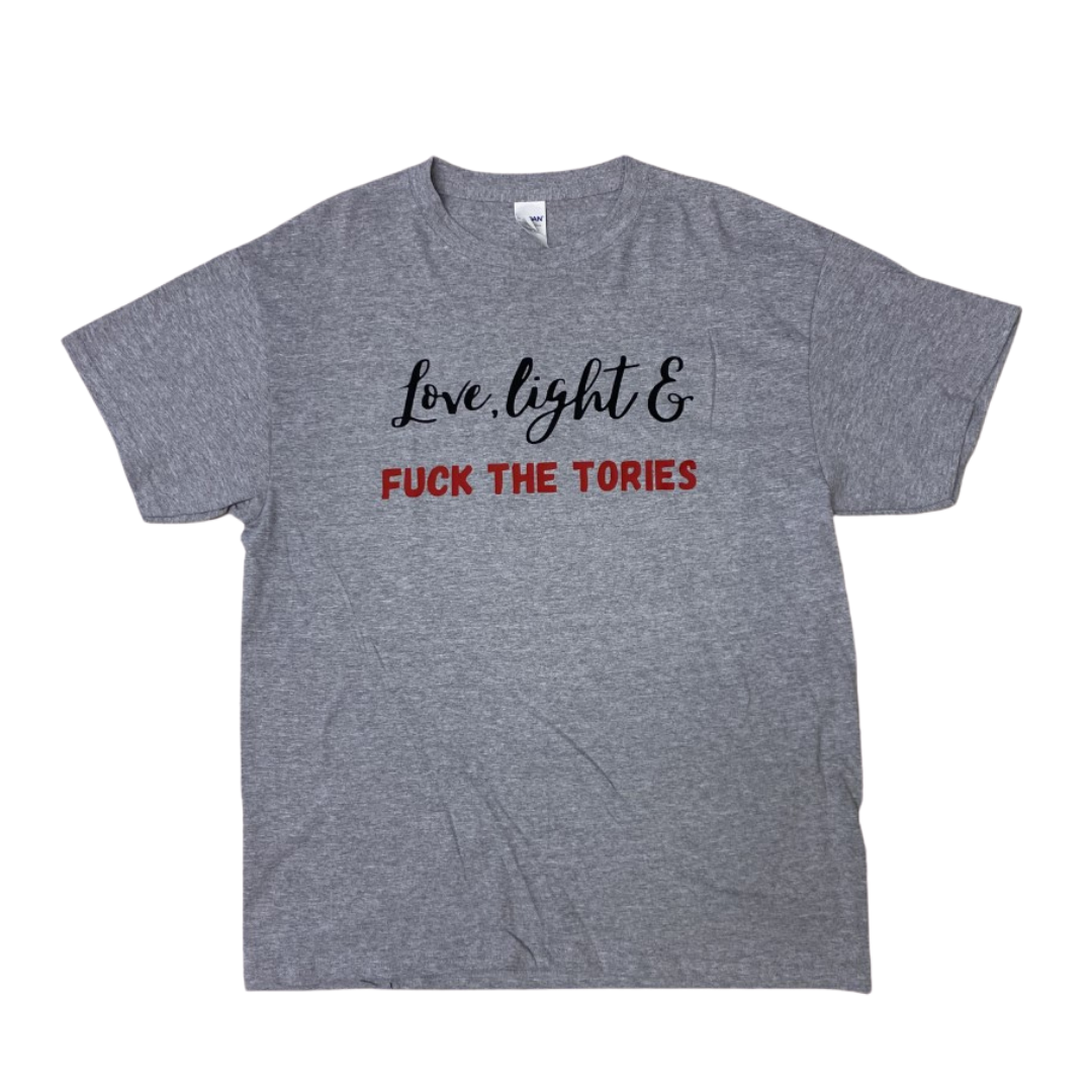 Load image into Gallery viewer, Love, Light &amp;amp; Fuck the Tories T-shirt
